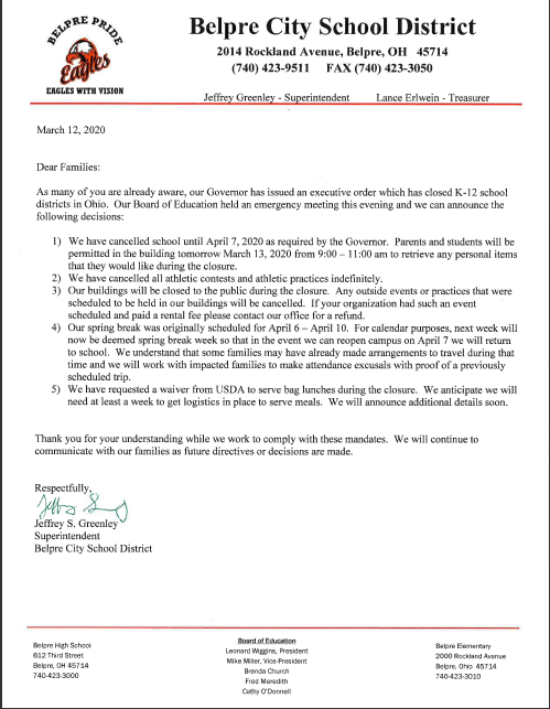 school closure letter